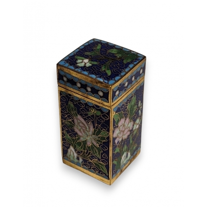 Boite carrée cloisonnée bleu à fleurs