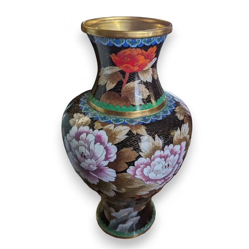Black cloisonné vase with flowers