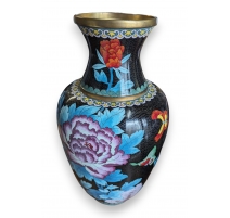 Vase cloisonné noir à fleurs et papillons