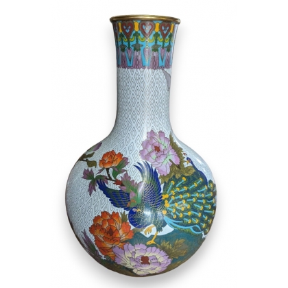 White cloisonné vases featuring a peacock and flowers