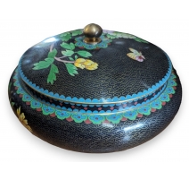 Boite cloisonnée noir à fleurs et papillons