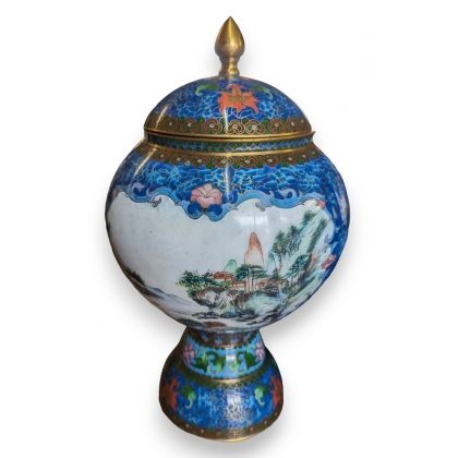 Blue cloisonné vase with a landscape design