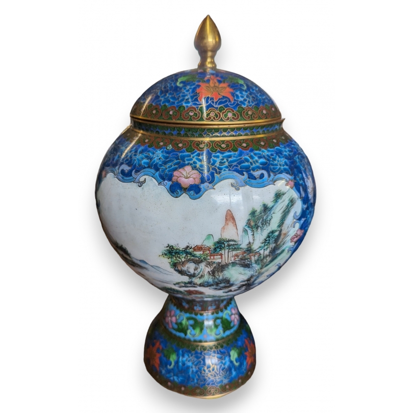 Blue cloisonné vase with a landscape design