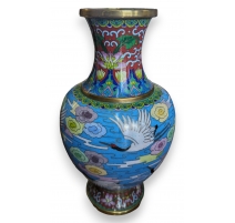 Vase cloisonné bleu aux grues