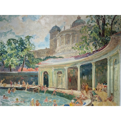 Paintings | Oil on canvas: ‘Swimming pool in front of Moinat SA’ – Antiques and interior design