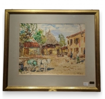 Aquarelle "Cour de ferme" signée A. TIÈCHE