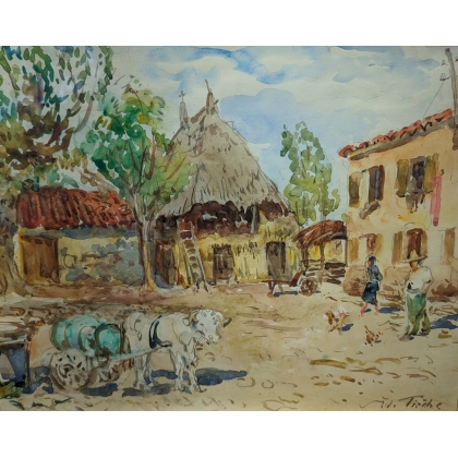 Aquarelle "Cour de ferme" signée A. TIÈCHE
