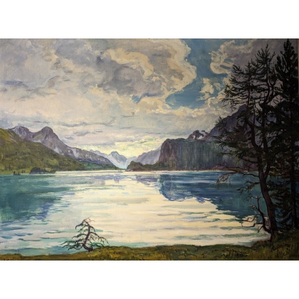 Tableau \"Lac de Sils\" signé A. TIÈCHE
