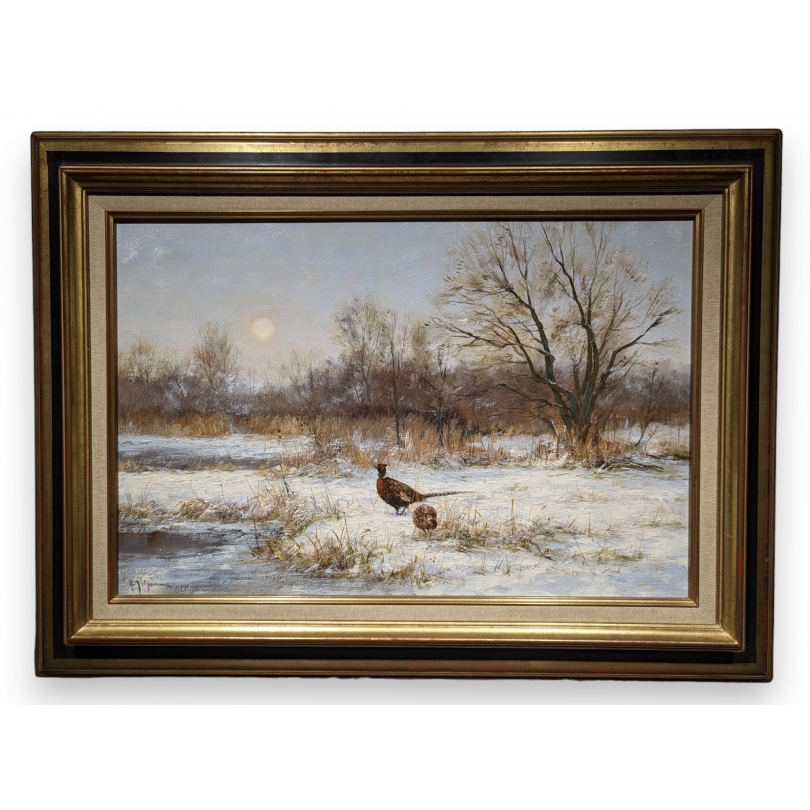 Tableau "Faisans dans la neige" signé