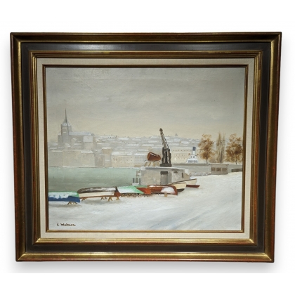 Tableau \"Quai du Mont-Blanc\" signé L. WIDMER