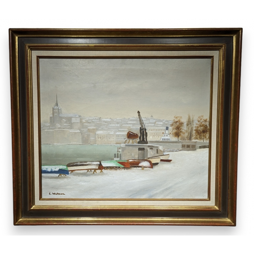 Tableau \"Quai du Mont-Blanc\" signé L. WIDMER