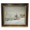 Tableau \"Quai du Mont-Blanc\" signé L. WIDMER