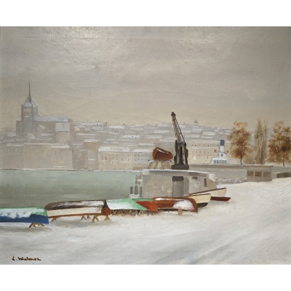 Tableau \"Quai du Mont-Blanc\" signé L. WIDMER