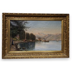Tableau \"Vue lac, bateau\" signé F. GÜDER