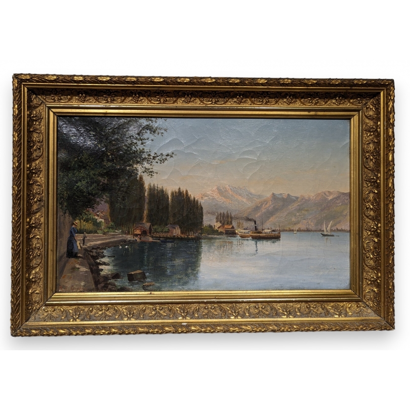 Paintings | Painting: ‘Lake View, Boat’. Moinat SA  – Antiques and home décor