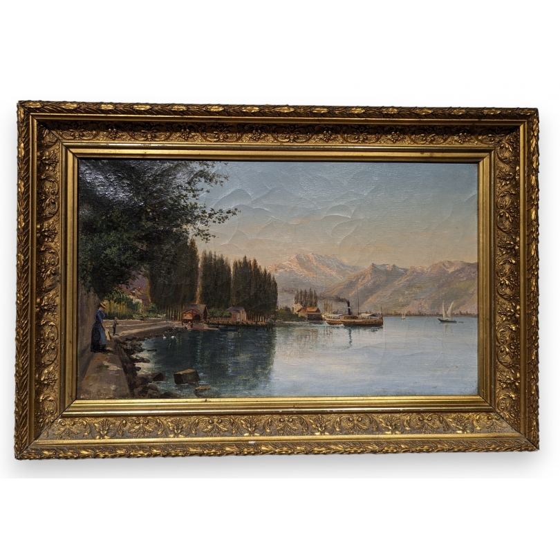 Tableau "Vue lac, bateau" signé X. F. GÜDER