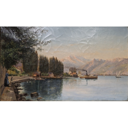 Paintings | Painting: ‘Lake View, Boat’. Moinat SA  – Antiques and home décor