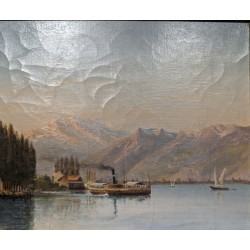 Tableau \"Vue lac, bateau\" signé F. GÜDER