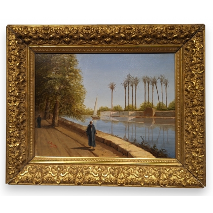 Tableau \"Bord du Nil\" signé L. JACOT