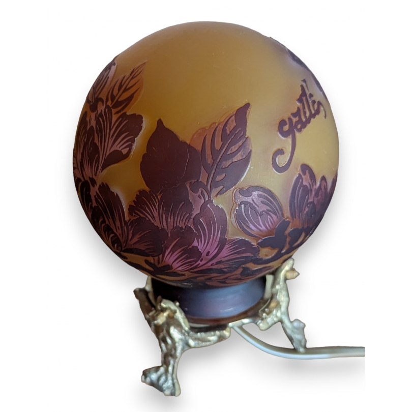 Lampe boule style GALLÉ fleurs rouge et jaune