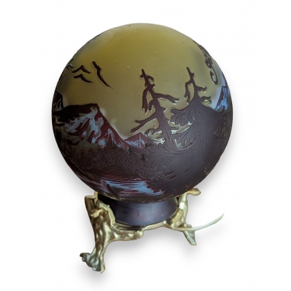 Lampe boule style GALLÉ paysage bleu et jaune