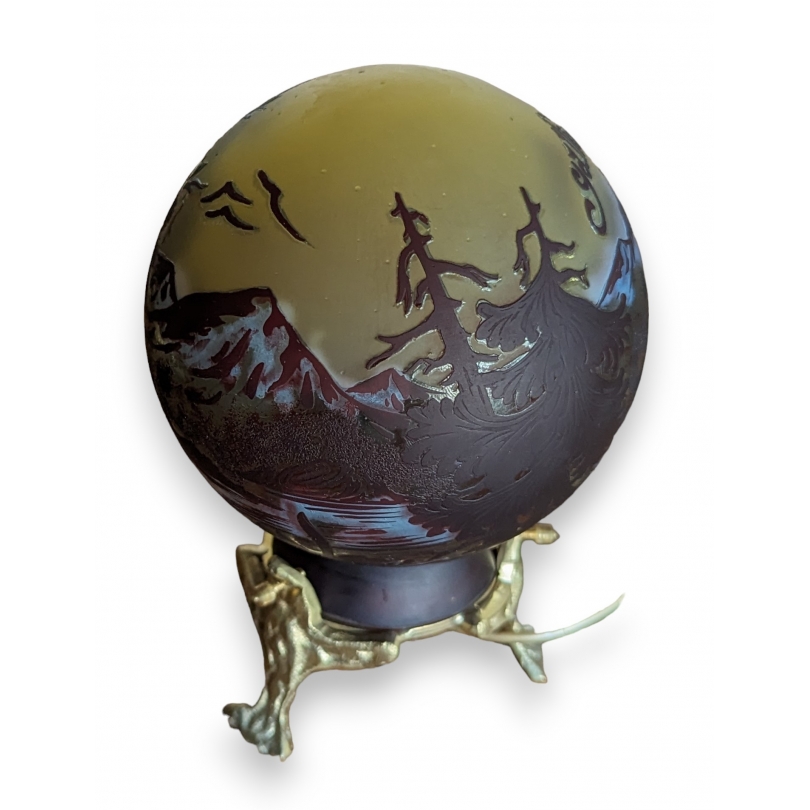Lampe boule style GALLÉ paysage bleu et jaune