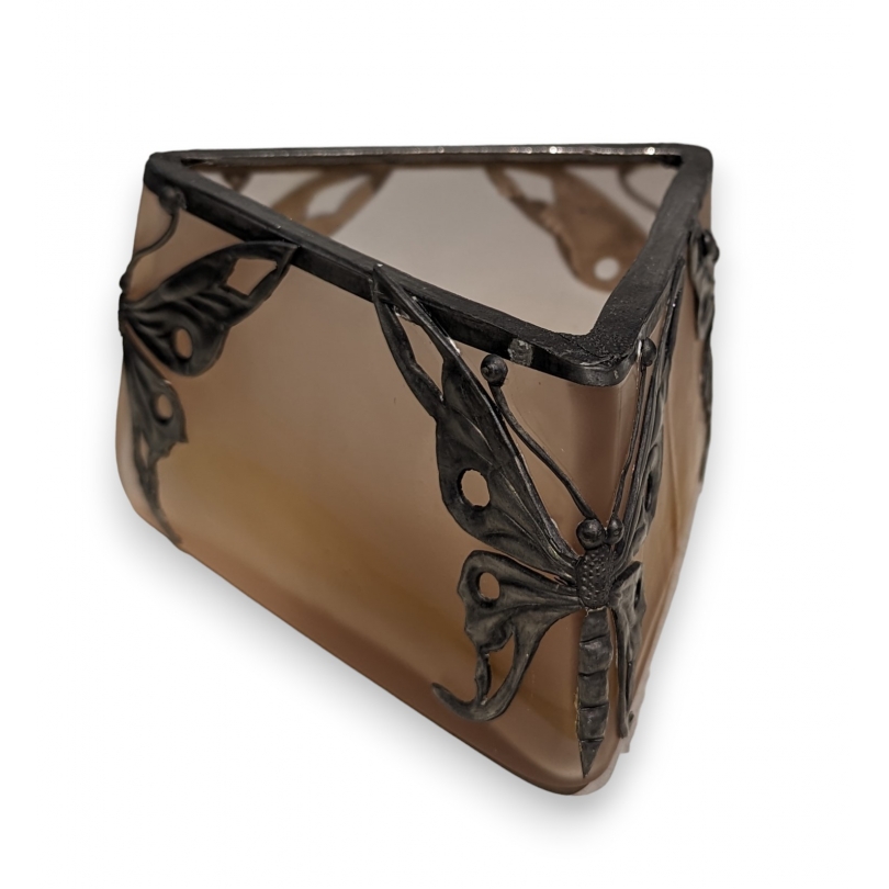Triangular glass and pewter cup in amber