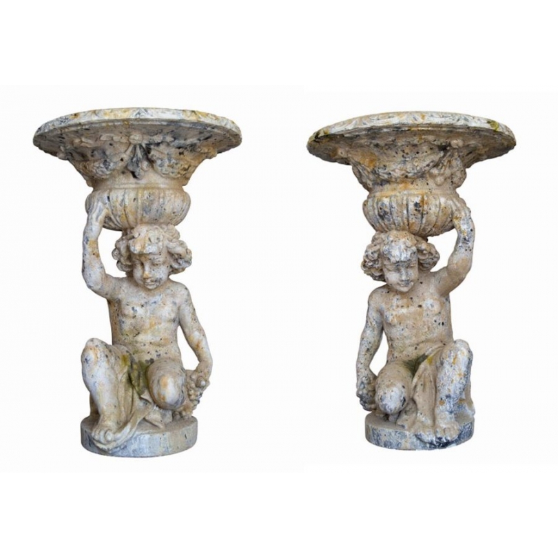 Pair of Putti washbasins in reconstituted stone