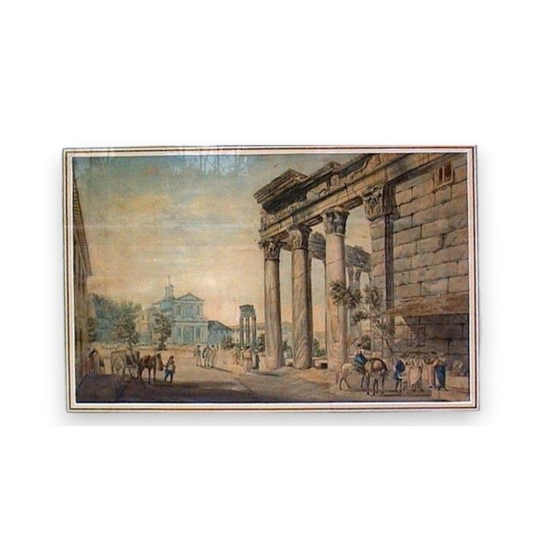 Gouache „Ruine“. Mit vergoldetem Rahmen.  bei Moinat SA  – Antiquitäten und Dekoration –  Gouachen, Aquarelle, Pastelle