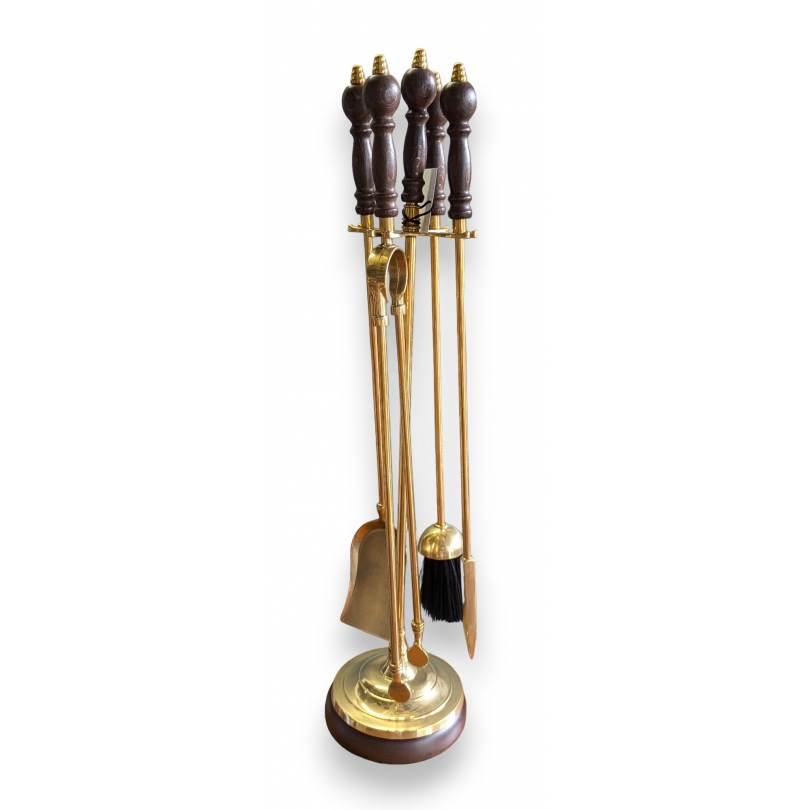 Set outils de cheminée en laiton et bois
