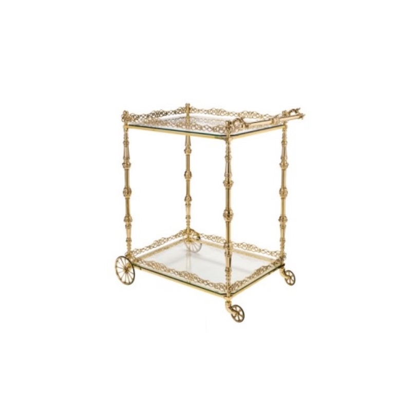Brass serving trolley with two glass trays
