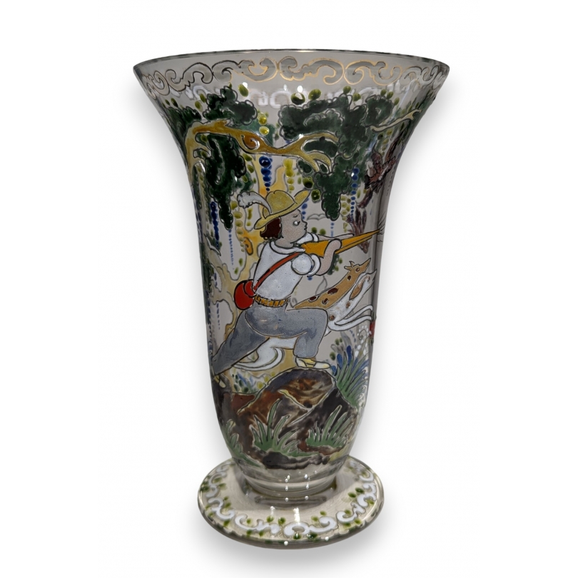 Vase en verre émaillé Chasse signé CIRERA