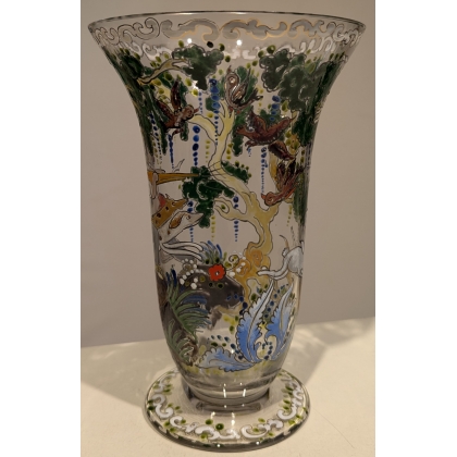 Chasse enamelled glass vase, signed CIRERA