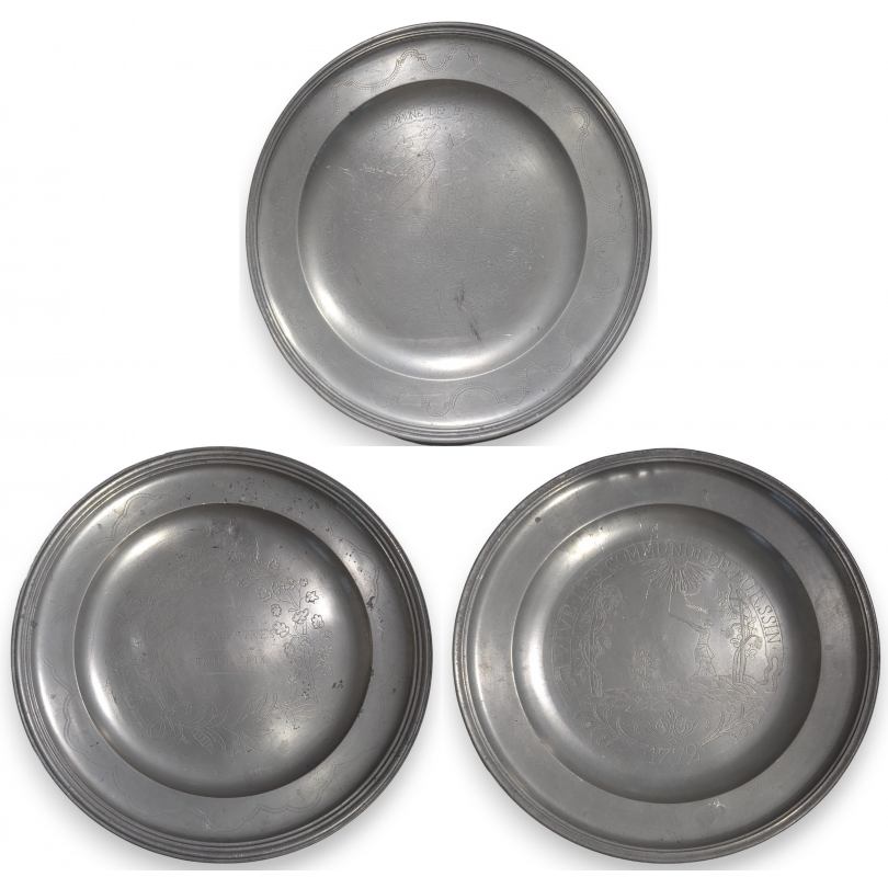 Set of three BURSINS pewter plates