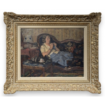 Tableau \"Femme au tricot\" de Pierre MONAY