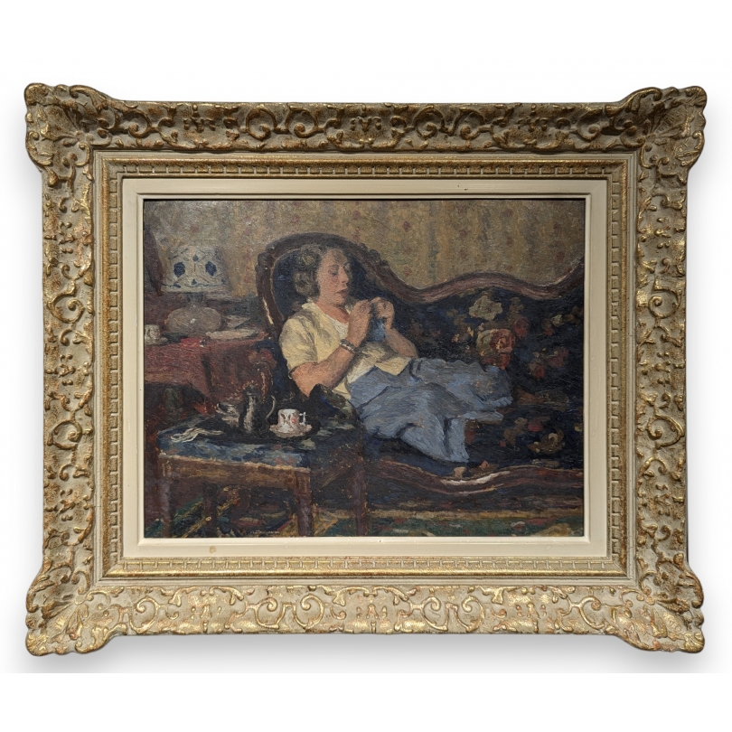 Tableau \"Femme au tricot\" de Pierre MONAY