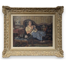 Tableau "Femme au tricot" de Pierre MONAY