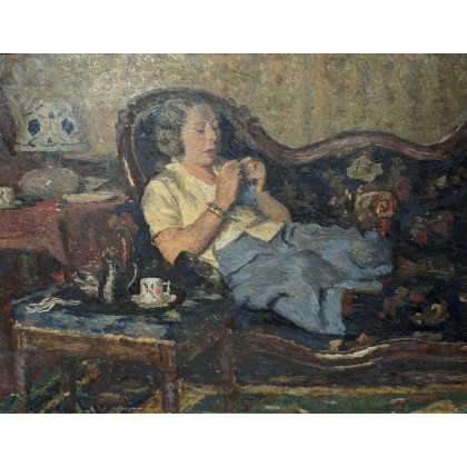 Tableau \"Femme au tricot\" de Pierre MONAY