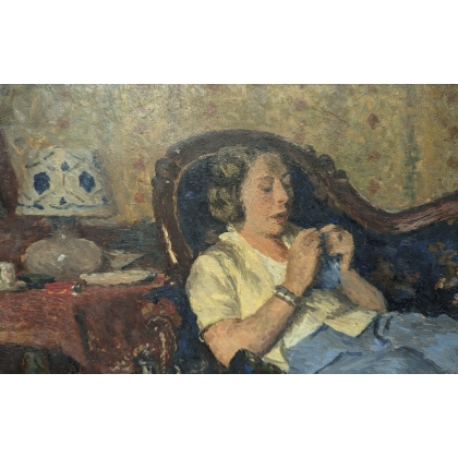 Tableau \"Femme au tricot\" de Pierre MONAY