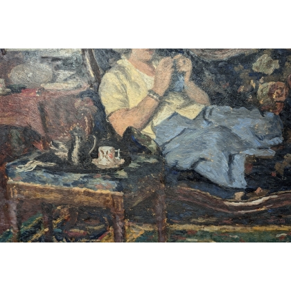Tableau \"Femme au tricot\" de Pierre MONAY