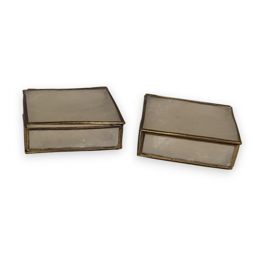 A pair of rectangular boxes made of mother-of-pearl and brass