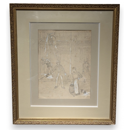 Dessin "Scène de rue" signé AUBÉ