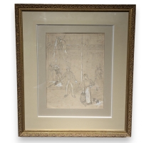 Dessin "Scène de rue" signé AUBÉ