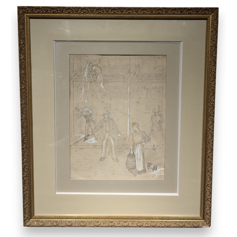 Dessin "Scène de rue" signé AUBÉ