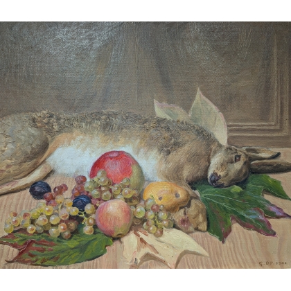 Tableau \"Lièvre\" signé G. DP. 1942