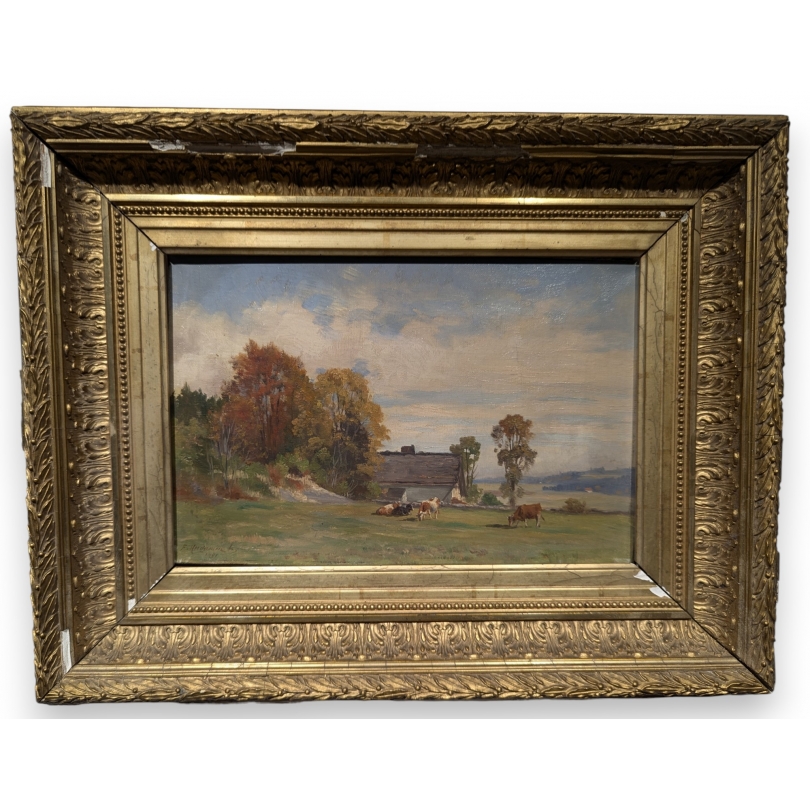Tableau "Vaches et chalet" signé F. HUGUENIN L