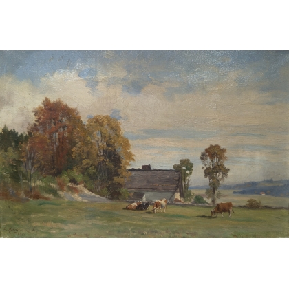 Tableau \"Vaches et chalet\" signé F. HUGUENIN L