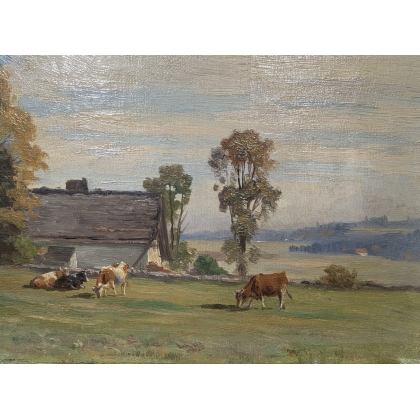 Tableau \"Vaches et chalet\" signé F. HUGUENIN L