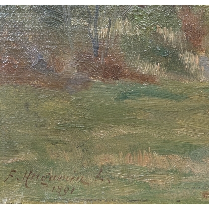 Tableau \"Vaches et chalet\" signé F. HUGUENIN L