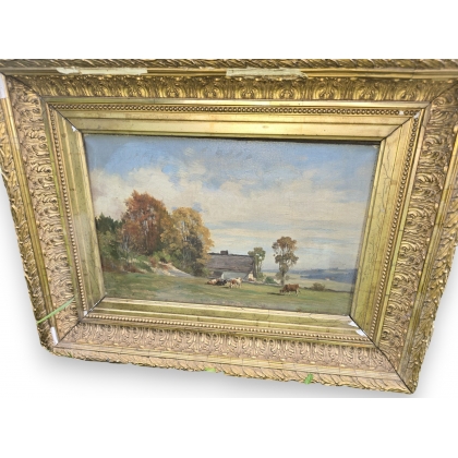 Tableau \"Vaches et chalet\" signé F. HUGUENIN L